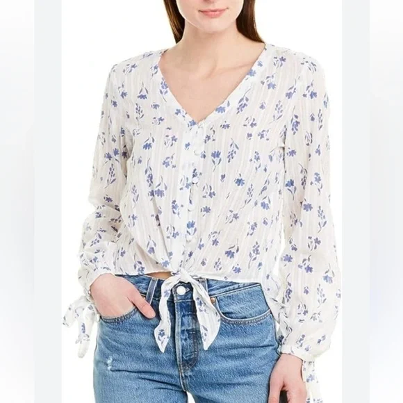 PARKER Payton Illusion Stripe Floral Blouse White Floral Coquette Cottagecore m - Picture 3 of 8